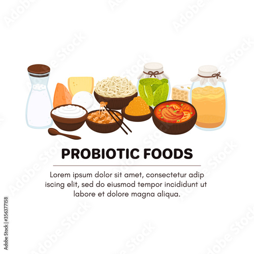 Vector probiotic foods. Best sources of probiotics. Beneficial bacteria improve health. Design is for label, brochure, menu, poster, advertising banner, article about diets, healthy proper nutrition