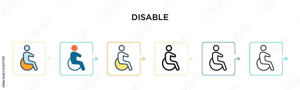 Disable sign vector icon in 6 different modern styles. Black, two colored disable sign icons designed in filled, outline, line and stroke style. Vector illustration can be used for web, mobile, ui Disable sign vector icon in 6 different modern styles. Black, two colored disable sign icons designed in filled, outline, line and stroke style. Vector illustration can be used for web, mobile, ui