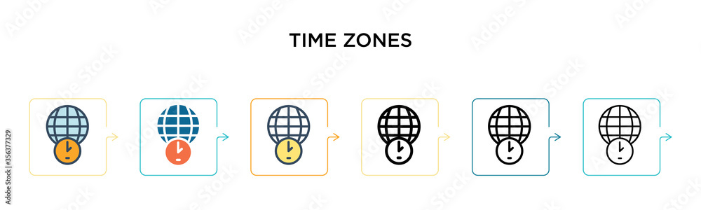 Time zones vector icon in 6 different modern styles. Black, two colored time zones icons designed in filled, outline, line and stroke style. Vector illustration can be used for web, mobile, ui Time zones vector icon in 6 different modern styles. Black, two colored time zones icons designed in filled, outline, line and stroke style. Vector illustration can be used for web, mobile, ui