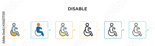 Disable sign vector icon in 6 different modern styles. Black, two colored disable sign icons designed in filled, outline, line and stroke style. Vector illustration can be used for web, mobile, ui