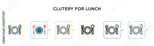Clutery for lunch vector icon in 6 different modern styles. Black, two colored clutery for lunch icons designed in filled, outline, line and stroke style. Vector illustration can be used for web,