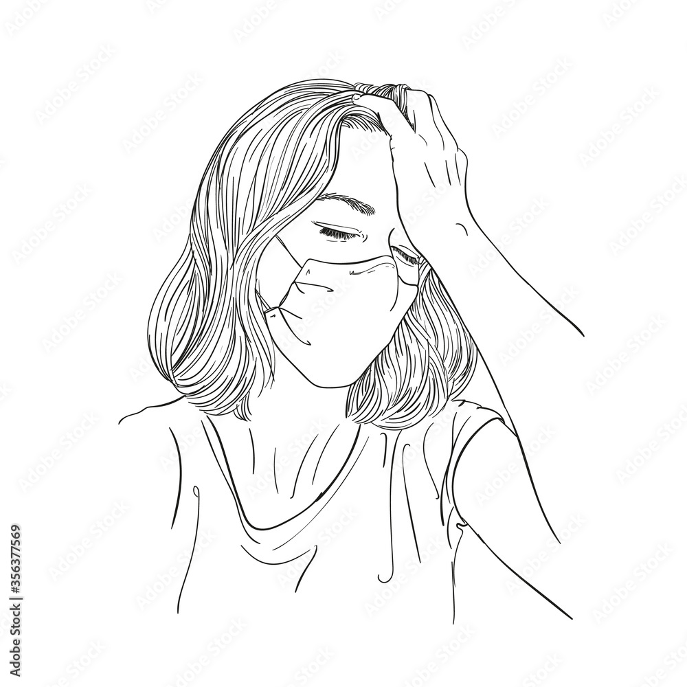 Sketch of tired young woman in medical face mask and has headache, Vector hand drawn illustration Sketch of tired young woman in medical face mask and has headache, Vector hand drawn illustration