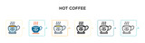 Hot coffee vector icon in 6 different modern styles. Black, two colored hot coffee icons designed in filled, outline, line and stroke style. Vector illustration can be used for web, mobile, ui