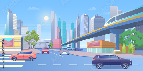 Subway city train vector illustration. Cartoon 3d urban panoramic cityscape with modern skyscraper buildings, public metro train traveling on railway bridge, empty crosswalk and cars on street road
