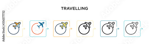 Travelling vector icon in 6 different modern styles. Black, two colored travelling icons designed in filled, outline, line and stroke style. Vector illustration can be used for web, mobile, ui