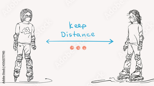 Keep social distance Covid-19 banner for children, Stop spread coronavirus. Two girls in medical face mask are standing on skate rollers, Hand drawn vector illustration