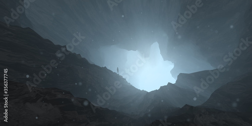 Fototapeta Naklejka Na Ścianę i Meble -  cave exploration, man at cave entrance 3d illustration