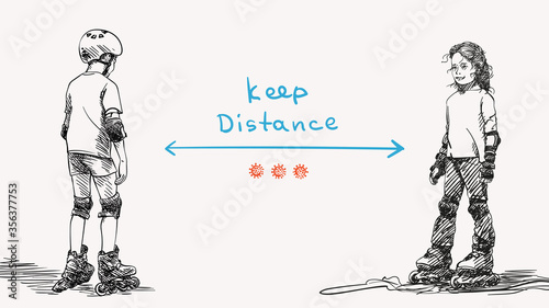 Keep social distance Covid-19 banner for children, Boy and girl are skating on skate rollers, Hand drawn vector illustration
