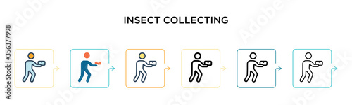 Insect collecting vector icon in 6 different modern styles. Black, two colored insect collecting icons designed in filled, outline, line and stroke style. Vector illustration can be used for web,