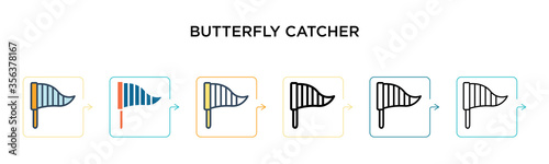 Butterfly catcher vector icon in 6 different modern styles. Black, two colored butterfly catcher icons designed in filled, outline, line and stroke style. Vector illustration can be used for web,
