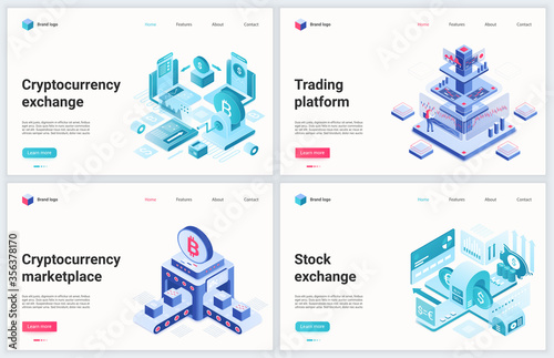 Isometric cryptocurrency blockchain technology vector illustration. Creative concept banner set, website design with cartoon 3d trading platform services for exchange and sale bitcoin crypto currency