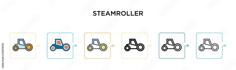 Steamroller vector icon in 6 different modern styles. Black, two colored steamroller icons designed in filled, outline, line and stroke style. Vector illustration can be used for web, mobile, ui Steamroller vector icon in 6 different modern styles. Black, two colored steamroller icons designed in filled, outline, line and stroke style. Vector illustration can be used for web, mobile, ui