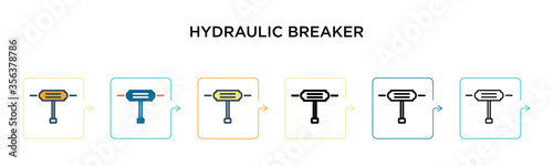 Hydraulic breaker vector icon in 6 different modern styles. Black, two colored hydraulic breaker icons designed in filled, outline, line and stroke style. Vector illustration can be used for web,