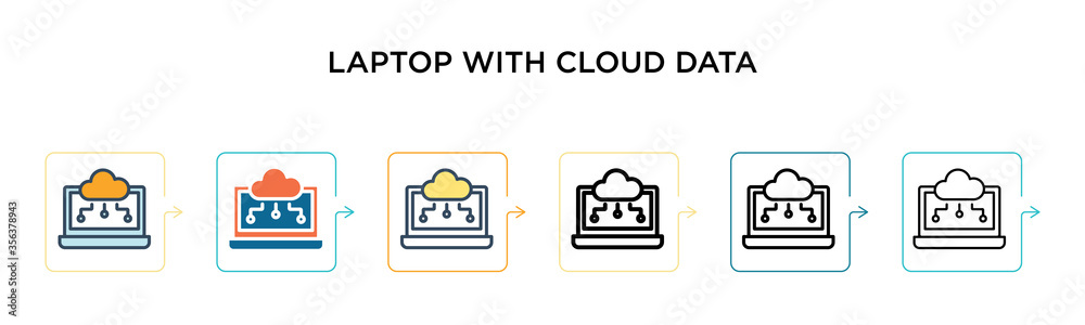 Laptop with cloud data symbol on screen vector icon in 6 different modern styles. Black, two colored laptop with cloud data symbol on screen icons designed in filled, outline, line and stroke style. Laptop with cloud data symbol on screen vector icon in 6 different modern styles. Black, two colored laptop with cloud data symbol on screen icons designed in filled, outline, line and stroke style.