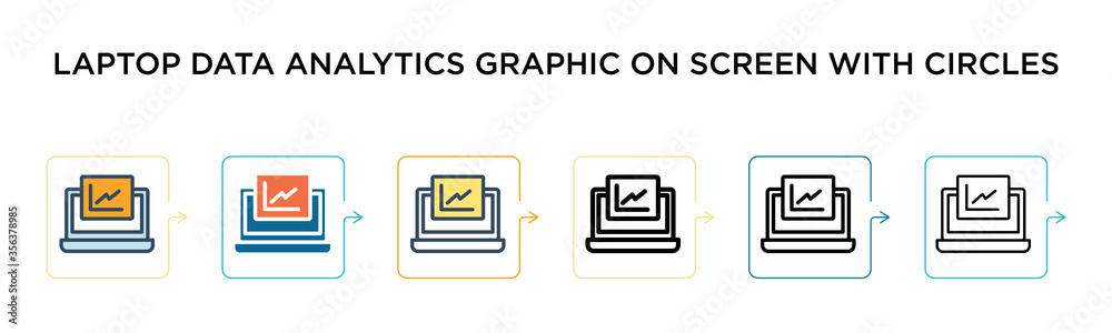 Laptop data analytics graphic on screen with circles vector icon in 6 different modern styles. Black, two colored laptop data analytics graphic on screen with circles icons designed in filled, Laptop data analytics graphic on screen with circles vector icon in 6 different modern styles. Black, two colored laptop data analytics graphic on screen with circles icons designed in filled,
