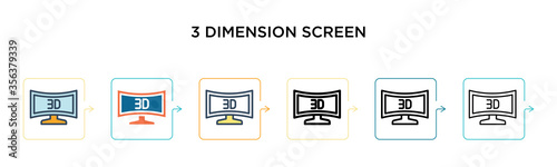 3 dimension screen vector icon in 6 different modern styles. Black, two colored 3 dimension screen icons designed in filled, outline, line and stroke style. Vector illustration can be used for web,