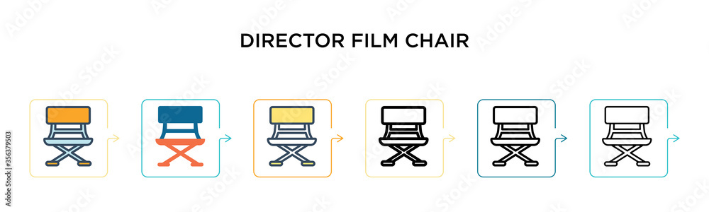 Director film chair vector icon in 6 different modern styles. Black, two colored director film chair icons designed in filled, outline, line and stroke style. Vector illustration can be used for web, Director film chair vector icon in 6 different modern styles. Black, two colored director film chair icons designed in filled, outline, line and stroke style. Vector illustration can be used for web,