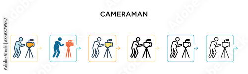 Cameraman vector icon in 6 different modern styles. Black, two colored cameraman icons designed in filled, outline, line and stroke style. Vector illustration can be used for web, mobile, ui