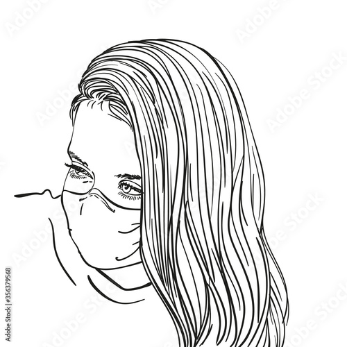 Sketch of preteen girl portrait in medical face mask and with long hair, Vector hand drawn illustration