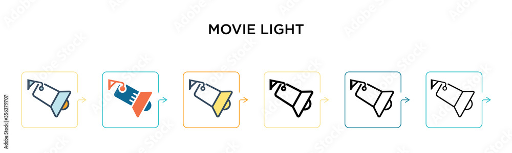 Movie light vector icon in 6 different modern styles. Black, two colored movie light icons designed in filled, outline, line and stroke style. Vector illustration can be used for web, mobile, ui Movie light vector icon in 6 different modern styles. Black, two colored movie light icons designed in filled, outline, line and stroke style. Vector illustration can be used for web, mobile, ui
