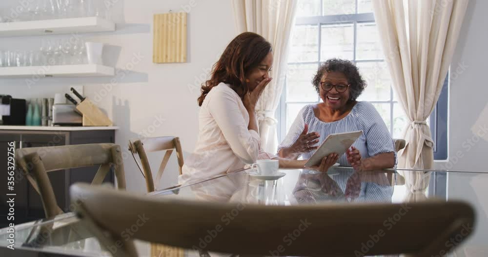 Senior mixed race woman using a digital tablet with her daughter, in social distancing Senior mixed race woman using a digital tablet with her daughter, in social distancing