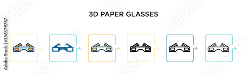 3d paper glasses vector icon in 6 different modern styles. Black, two colored 3d paper glasses icons designed in filled, outline, line and stroke style. Vector illustration can be used for web,