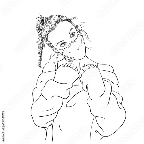 Sketch of teenage girl in medical face mask, going crazy playing the ape by gesturing cross-eyes while dressing sweater, Vector hand drawn illustration