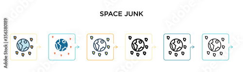 Space junk vector icon in 6 different modern styles. Black, two colored space junk icons designed in filled, outline, line and stroke style. Vector illustration can be used for web, mobile, ui