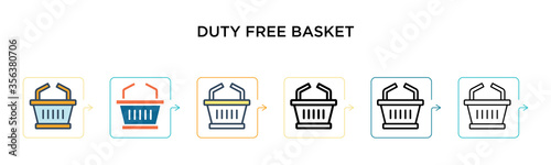 Duty free basket vector icon in 6 different modern styles. Black, two colored duty free basket icons designed in filled, outline, line and stroke style. Vector illustration can be used for web,