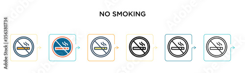 No smoking sign vector icon in 6 different modern styles. Black, two colored no smoking sign icons designed in filled, outline, line and stroke style. Vector illustration can be used for web, mobile,