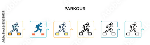 Parkour vector icon in 6 different modern styles. Black, two colored parkour icons designed in filled, outline, line and stroke style. Vector illustration can be used for web, mobile, ui