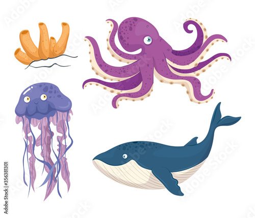 blue whale animal marine in ocean, with cute underwater creatures,habitat marine vector illustration design