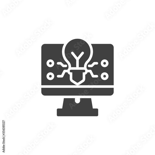 Business creativity vector icon. filled flat sign for mobile concept and web design. Computer screen with idea lamp glyph icon. Symbol, logo illustration. Vector graphics