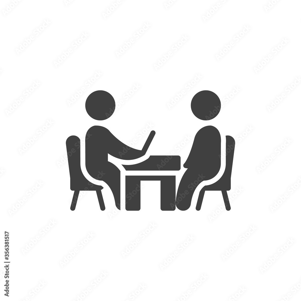 Business meeting vector icon. Job Interview filled flat sign for mobile concept and web design. Business People at the table glyph icon. Symbol, logo illustration. Vector graphics Business meeting vector icon. Job Interview filled flat sign for mobile concept and web design. Business People at the table glyph icon. Symbol, logo illustration. Vector graphics