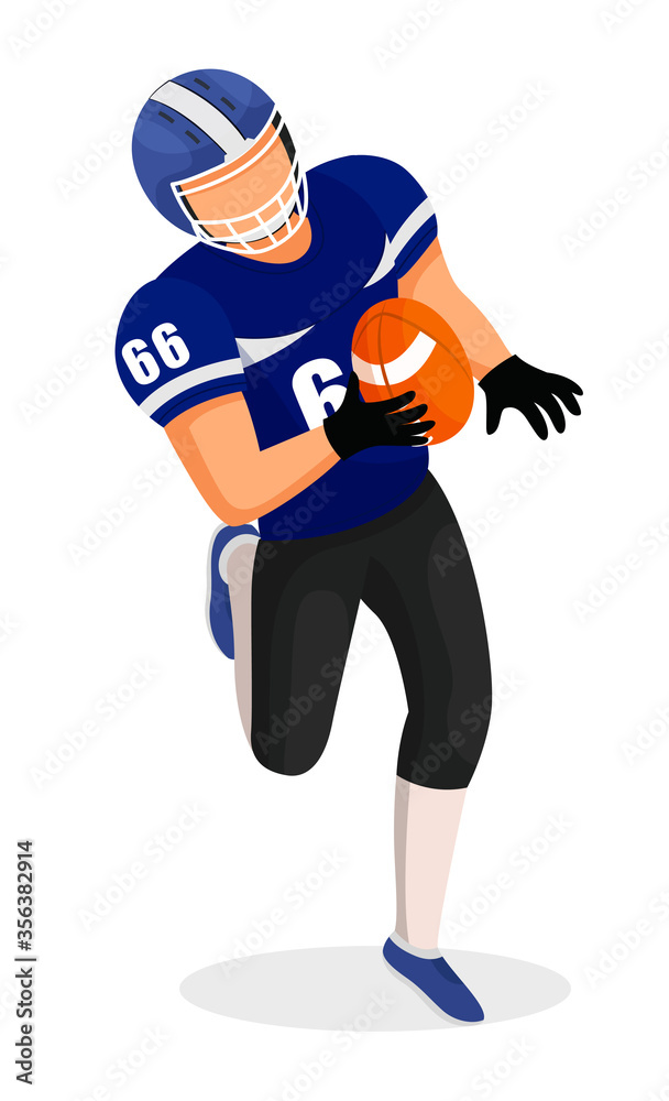 American football professional player holding ball and running. Male character playing aggressive game. Competition or training of sportsman. Isolated personage enjoying hobby, vector in flat