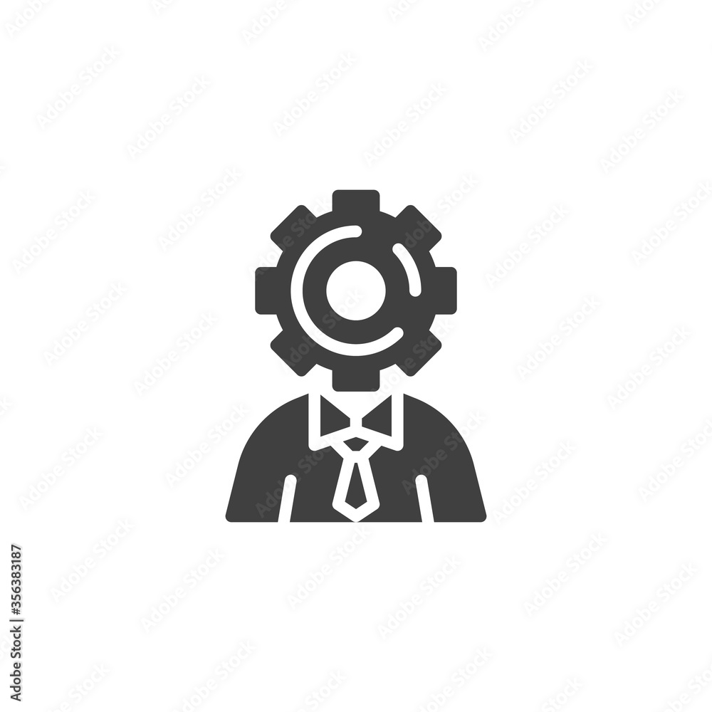 Businessman with gear head vector icon. filled flat sign for mobile concept and web design. Workforce management glyph icon. Symbol, logo illustration. Vector graphics Businessman with gear head vector icon. filled flat sign for mobile concept and web design. Workforce management glyph icon. Symbol, logo illustration. Vector graphics