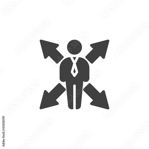 Businessman and four direction arrows vector icon. filled flat sign for mobile concept and web design. Opportunity glyph icon. Work flexibility symbol, logo illustration. Vector graphics