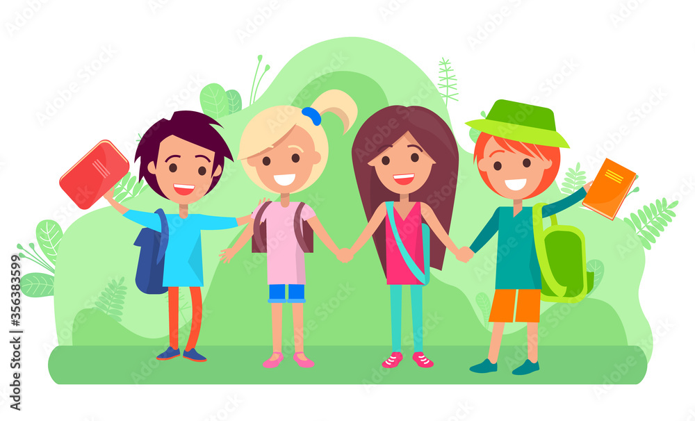 Group of students with textbooks and backpacks standing together and holding hands. Schoolkids with rucksacks spending time outdoors. Cheerfull teenagers study