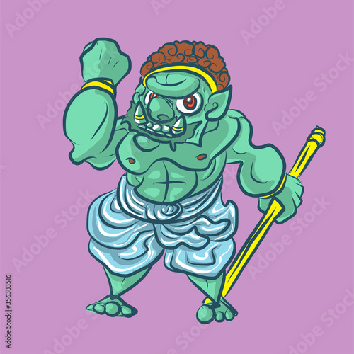 Green Giant with cudgel. Cartoon illustration.