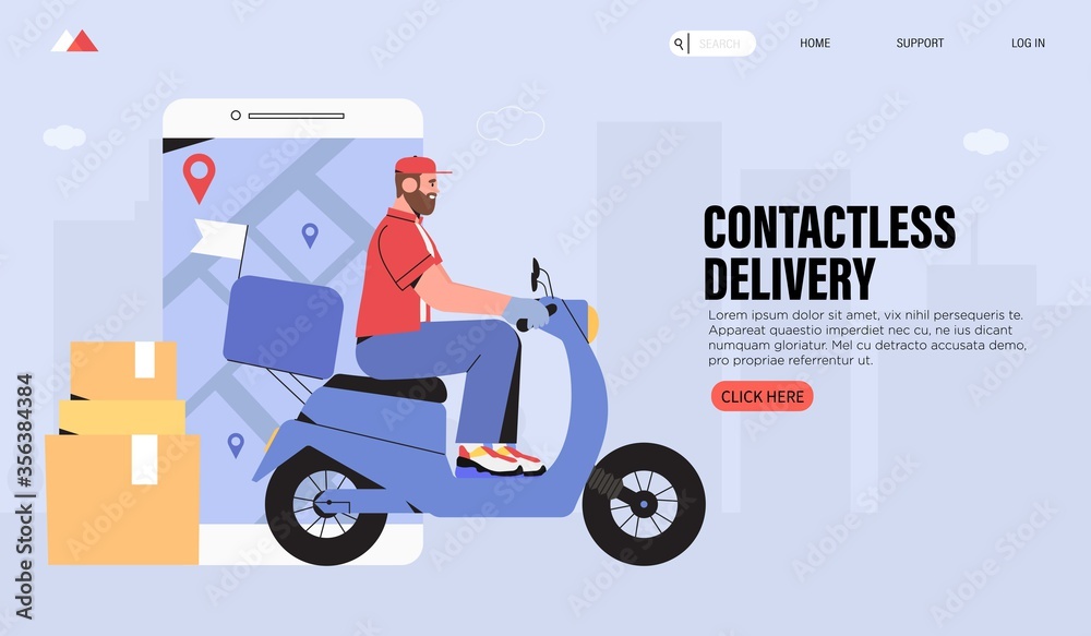Online contactless delivery service for commercial and private interests banner, landing page. Courier on scooter delivering package to client. Smartphone with mobile application for delivery tracking Online contactless delivery service for commercial and private interests banner, landing page. Courier on scooter delivering package to client. Smartphone with mobile application for delivery tracking