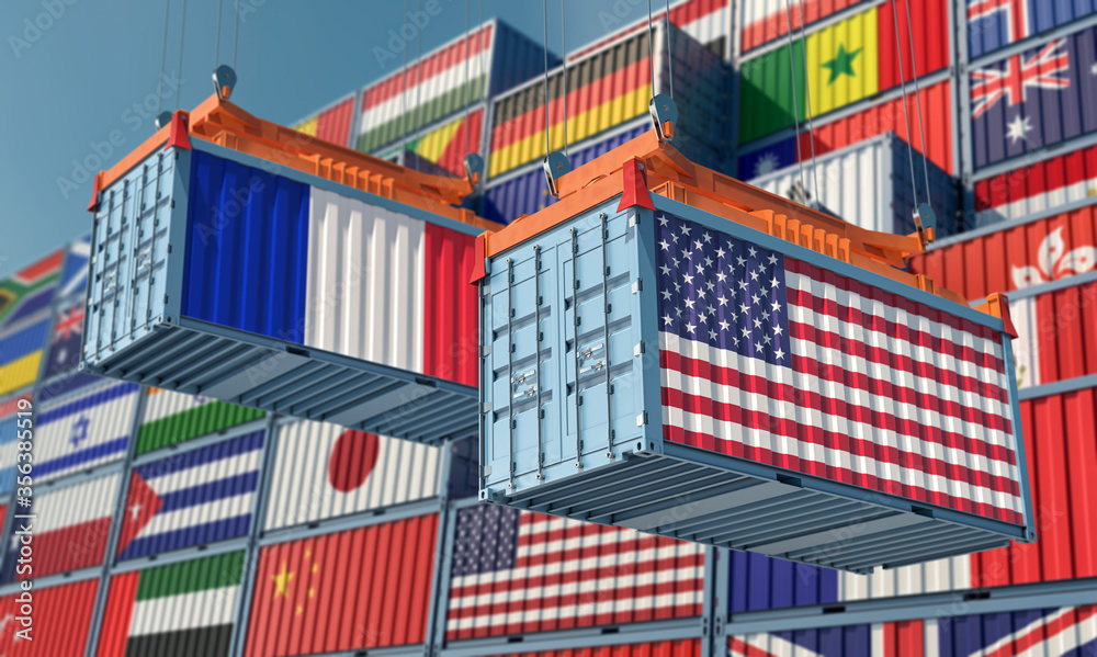 Freight containers on a Terminal with France and USA flag. 3D Rendering 