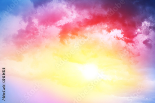 Sunrise on bright blue sky & colorful clouds background, sunset landscape, yellow sunlight, red & purple cloudy skies, fantastic heaven panoramic view, morning sun glow, beautiful sunshine wallpaper 