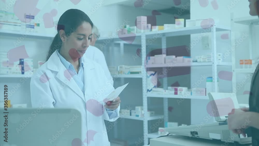 Animation of pharmacists and a customer with Covid-19 spreading in background Animation of pharmacists and a customer with Covid-19 spreading in background