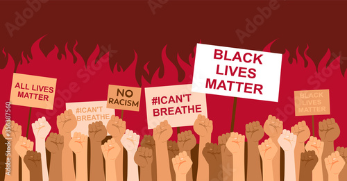 Black lives matter. Protesters march against police shootings and racism. Human hands hands holding banners. Strike, revolution, conflict.