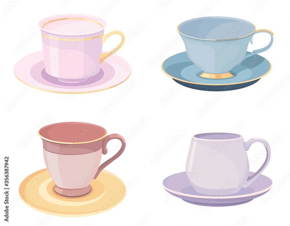 Set of cups with saucers. Beautiful objects in cartoon style. Set of cups with saucers. Beautiful objects in cartoon style.