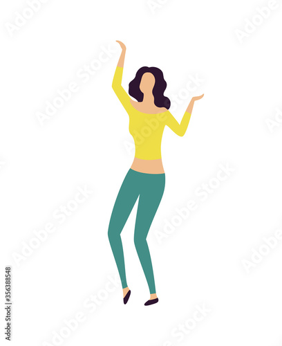 Fototapeta Naklejka Na Ścianę i Meble -  Woman dancing in nightclub vector, female having fun, lady relaxing flat style. Partying and celebration, active lifestyle hobby and leisure of dancer