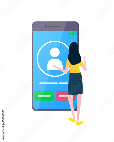 Woman using phone tapping screen vector, lady with smartphone and monitor showing user profile and buttons of rejection and accept isolated flat style