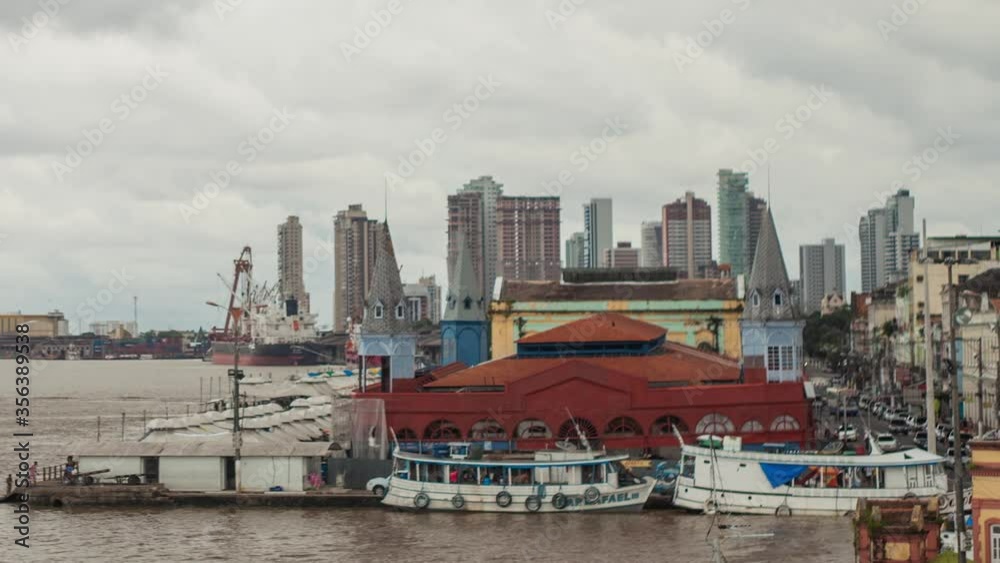Time lapse of Mercado ver o peso and river front, Belem, Para, Brazil