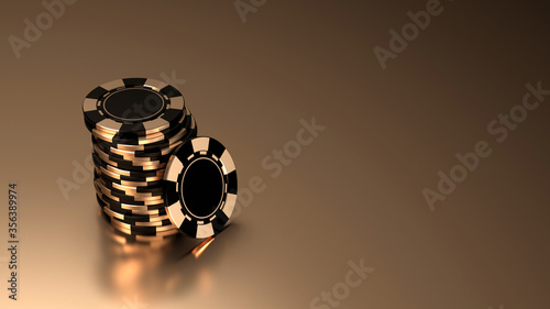 Gold theme casino concept background with stack of golden shiny chips. 3D illustration
