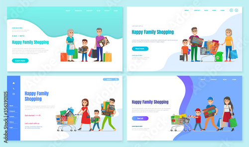 Collection of characters with shopping trolley. Personages with bought products from shops and stores. Mother and father with kids, son or daughter. Website or webpage template, landing page vector © robu_s